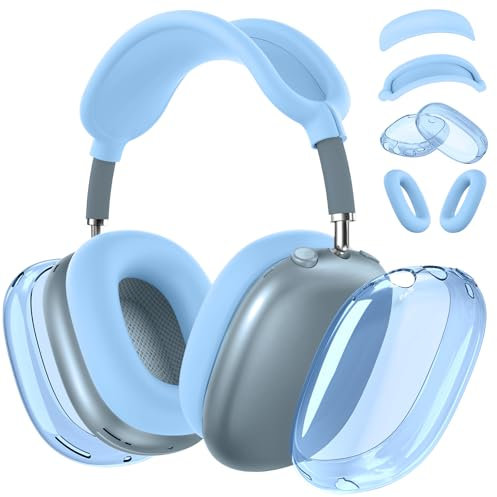 [4 in 1] Silicone Case Cover for AirPods Max, Clear Soft TPU Ear Cups Cover/Ear Pad Case Cover/Headband Cover for AirPods Max (2024/2020), Transparent Accessories for Apple AirPod Max (USB-C),Sky Blue