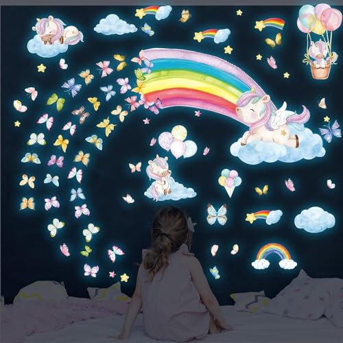 Adesivi da parete con stelle fosforescenti per soffitto unicorno arcobaleno farfalla decalcomanie da parete unicorno stelle luminose adesivi da soffitto per ragazze bambini camera da letto soggiorno