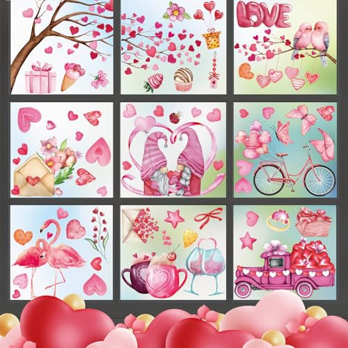 Zindoo 9 Blätter 119 Stück Valentinstag Fensterbilder Selbstklebend, Romantische Valentine's Day Fenster Aufkleber Dekorationen für Geständnis, Hochzeit, Jubiläum Party