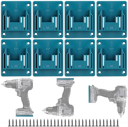 Rixotix 8 Stück Wandhalterung Werkzeughalter für makita 18V, Bohren Elektrowerkzeuge Bohrerhalter, Batteriehalter mit 32 Schrauben, Maschinenhalter Werkstatt Speicherung, Blau, 14.4-18V