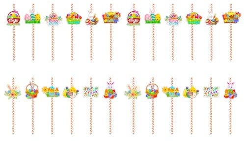 ROYJJ Pack Of 24 Eggs Rabbits Paper Straw Beverage Drinking Straw for Parties and Event Kitchen Drinkware Accessories Easter Disposable Paper Straws