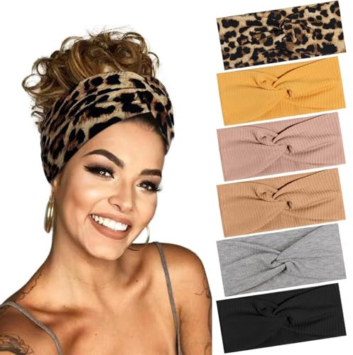 BELEVO Hair Bands for Women, 6 Pcs Elastic Head Bands Boho Wide Soft Ladies Headband, Yoga Sports Hair Accessories for Women (Leopard Print, Solid Color)