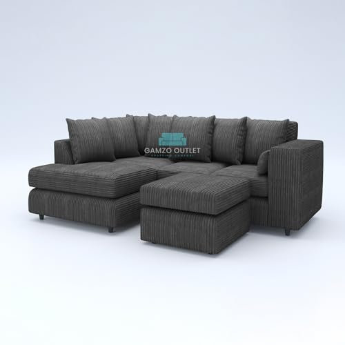 Gamzo Outlet Sofa Corner Sofa L Shape Jumbo Cord Fabric Square Settee Seater Suite Footstool (Left Hand Facing, Grey)