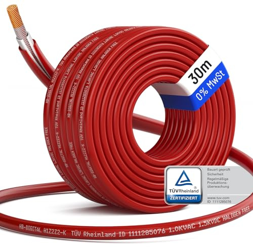HB-DIGITAL 30m Solarkabel 4mm² H1Z2Z2-K inkl. 0% MwSt. gem. § 12 Abs. 3 UStG - TÜV Rheinland zertifiziertes flexibel UV PV Kabel reines Kupfer 1500V DC für Solarpanel- Rot