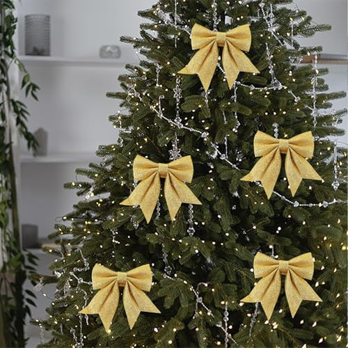 Weihnachtsschleifen, 5 Stück Glitzer Schleifen Weihnachtsbaum, Bogen Weihnachtsbaumschmuck Deko für Festival Party Baumkranz Dekorationen Hochzeit (Gold)