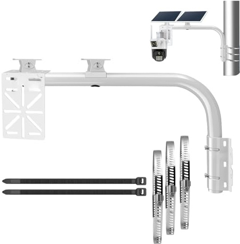 Support mural/cerceau 2 en 1 en forme de L avec 2 supports en bec de canard et adaptateur en forme de L – Convient aux caméras + panneaux solaires, réglable pour poteaux de 19,8 cm, utilisation