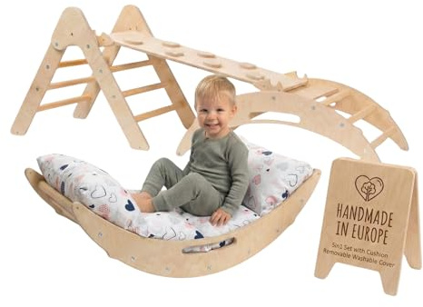 WoodsCraft 5in1 Set: Kletterbogen mit Kissen, Kletterdreieck, Rutsche/Rampe | Midi Set mit hypoallergen Kissen für Kletterbogen, holz Montessori Klettergerüst indoor, Babyrutsche, Klettern Baby & Kinder