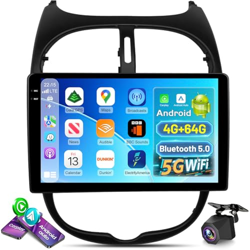 NHOPEEW Autoradio 4+64G Android pour Peugeot 206/206CC 2002-2008 avec Carplay sans Fil et Android Auto - Écran incell 9 Pouces Prise en Charge WiFi GPS Commandes au Volant + Caméra de recul, Canbus