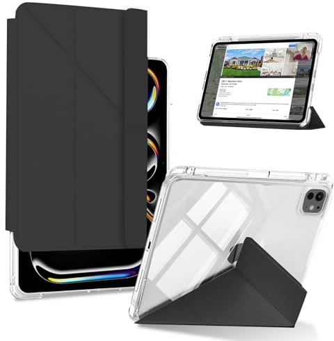 KeeFos Funda para iPad Pro 13 M5/M4 (2025/2024), Transparente Proteger Respaldo, Desmontable Soporte Plegable con Portalápiz - Negro