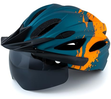Urban Fahrradhelm (Unisex) für Damen & Herren – Orange/Blau mit LED & Magnet-Visier – City Radhelm, Ultraleicht 245g, 54-61cm
