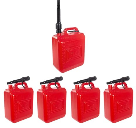 Two Tigers | Garrafa De Gasolina Roja 10 Litros | Pack 5 Unidades | Con Tapón y Manguera Agarre Ergonómico | Bidón Combustible Resistente Para Coche Moto Generador Cortacésped Taller Jardín y Exterior