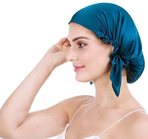 Emmet Bonnet de nuit 100 % soie de mûrier douce 19 momme pour perte de cheveux pour femme, avec ruban élastique réglable - Bleu - Taille Unique