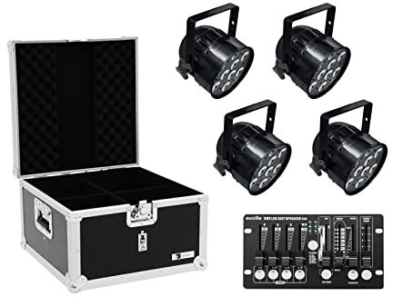 EUROLITE Set 4X LED PAR-56 QCL sw + Case + Controller | 4X PAR-Scheinwerfer mit 9 x 8-W-4in1-LED inklusive Flightcase und kompaktem DMX-Controller