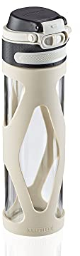 Leifheit Botella de cristal Flip de 600 ml, botella reutilizable 100% hermética, se abre con una mano, botella deportiva sin BPA, con filtro, plateado