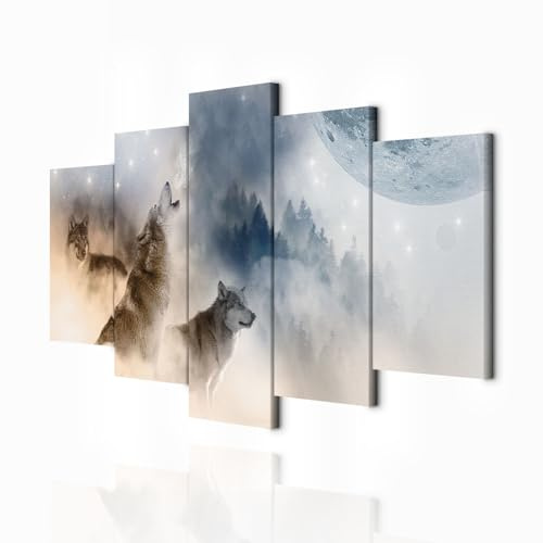 decomonkey Impression sur Toile Animau 200x100 5 Pièces Cadre en Bois | Tableau decoration murale, Déco Salon, Peinture sur Toile, Abstraction arbres montagnes nature chiens loups animaux