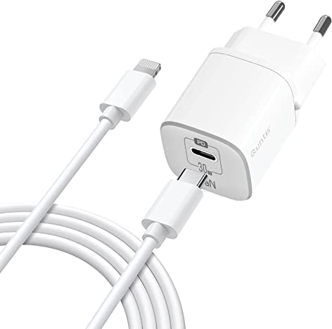 Quntis Caricatore USB C 30W, GaN Tech, Rapido Caricabatterie con 2m Cavo USB C a Lightning Certificato MFi PD Alimentatore per iPhone14/13/12/11/Pro/Pro Max, AirPods, iPad