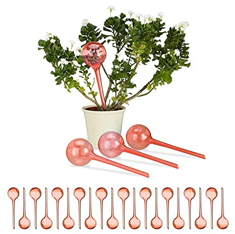 Relaxdays Globes d’arrosage en Plastique, Lot de 24, Distributeur Eau, Plantes, 2 semaines, 250 ML, Pot Fleurs, Rouge