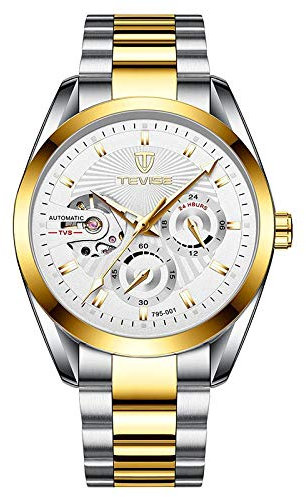 Ourui Montres Bracelet,Montre Mécanique Automatique Multifonctionnelle Business Montre Étanche À 5 Broches, Or Blanc