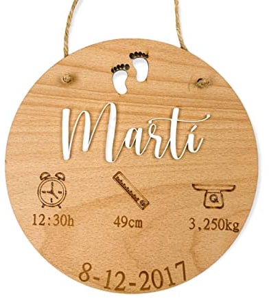 Little_Dreams_ Natalicio personalizado en madera.Regalo bebe, recién nacio, nacimiento. Natalicio, Placa nacimiento bebé personalizada redondo madera de haya 20cm ancho