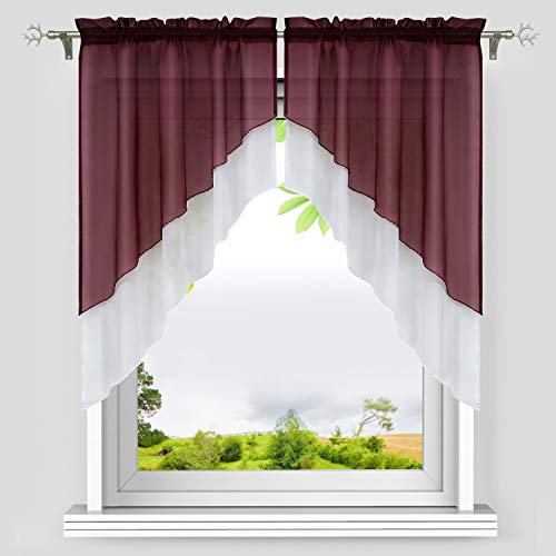 HeichkelL Voile Scheibengardine Bogen Set 2-Teilige Kleinfenster Vorhang Tunnelzug Kurzstores Doppelschichtige Küchengardinen Weinrot BxH 120x145 cm (Jedes Stück)
