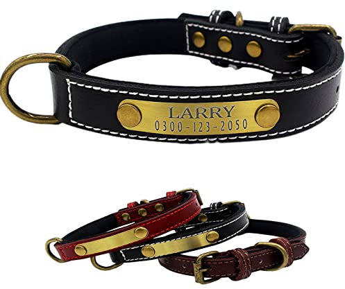 Yonsbox Personalized Leather Dog Collar with Soft Padded Name Plate Engraved Custom Adjustable Heavy Duty Thick Black Dog Collars for Male Female Boy Girl Puppy Small Medium Large Dogs