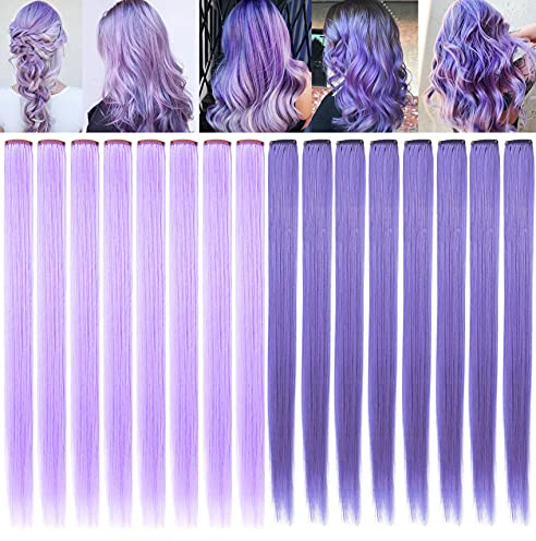 IAMERUI Extension di capelli sintetici multicolori con clip colorati, per feste, lisci, in diversi colori, resistenti al calore, 12 pezzi (viola chiaro lavanda)