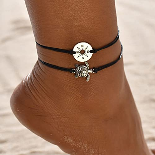 Handcess Boho-Fußkettchen, Doppel-Fußkettchen, Silberfarben, Schildkröte, Knöchel-Armbänder, geflochtene Kompass-Fußkette für Damen und Mädchen