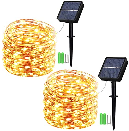 Geemoo 2 Stück Solar Lichterkette Aussen 2x15M 150 LED, Solar Weihnachtsbeleuchtung Außen Wasserdicht, 8 Modi Kupferdraht Solarlichterkette Warmweiß für Garten Terrasse Party Weihnachten Deko