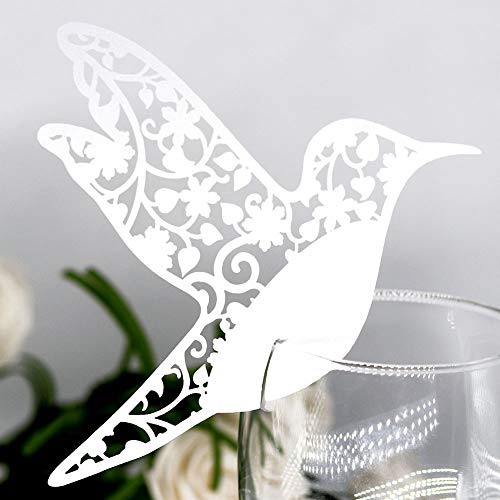 50Stück Schimmer Weiß Cut Vogel Glas Tischkarten Hochzeit Geburtstage Taufe Party Namenskarten für Weinglas Cup Hochzeitsfeier Champagnerglas Deko Gastgeschenk Tischdeko(Weiß)