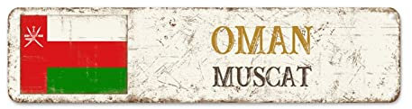 Oman Flagge Straßenschilder Outdoor Metall Oman Muscat Schilder Hauptstadt Stadt Souvenir Metall Blechschild Land Souvenir Vintage Rustikale Wandkunst Geschenk für fremden Freund, Nachbar 30,5 x 7,6
