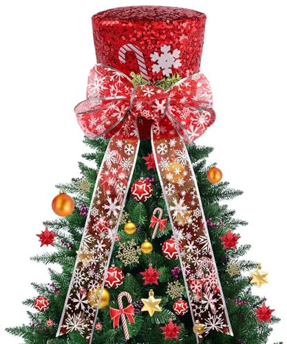 Christmas Tree Topper Hat, Black Top Hat with Bow and Lengthened Ribbon - Tree Topper Christmas Decorations for Xmas Holiday Winter Party Ornament Supplies (Red Sequins)