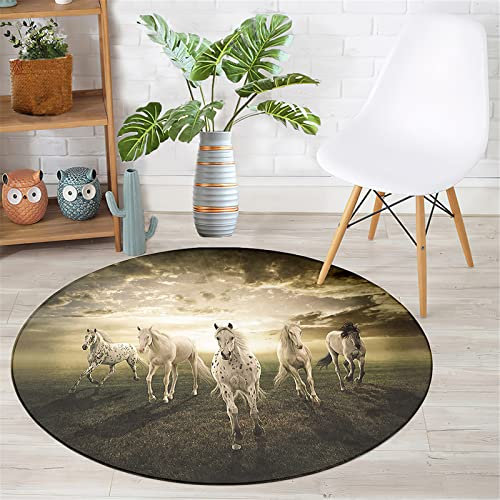 Chickwin Teppich Rund rutschfest, Pferd Muster Teppiche für Wohnzimmer Moderne Groß Flanell Flauschig Weich Fußmatte für Schlafzimmer Kinderzimmer Küche (Weißes Pferd,Durchmesser 60cm)