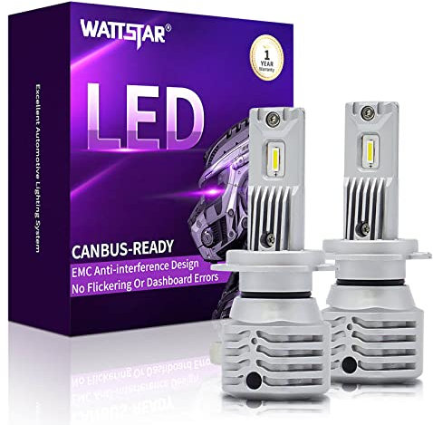 wattstar Bombillas LED H7 para faros delanteros, 50 W, 12000 lms, bombillas inalámbricas de haz bajo o alto, faros LED sin ventilador con tamaños más pequeños, chips CSP, 6500 K, paquete de 2