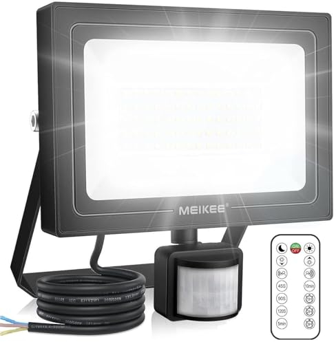 MEIKEE 60W LED Strahler mit Bewegungsmelder Außen Fernbedienung 5200LM Super Hell 6500K Kaltweiß LED Fluter IP66 Wasserdicht Timing-Funktion Helligkeit Einstellbar Scheinwerfer für Garten Garage Hof