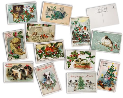 Hill Valley Greetings Antike Weihnachtstiere Postkarten auf luxuriösem antikem strukturiertem Karton – 24 Vintage-Weihnachtspostkarten – 12 sortierte Retro-Tier-Illustrationskarten