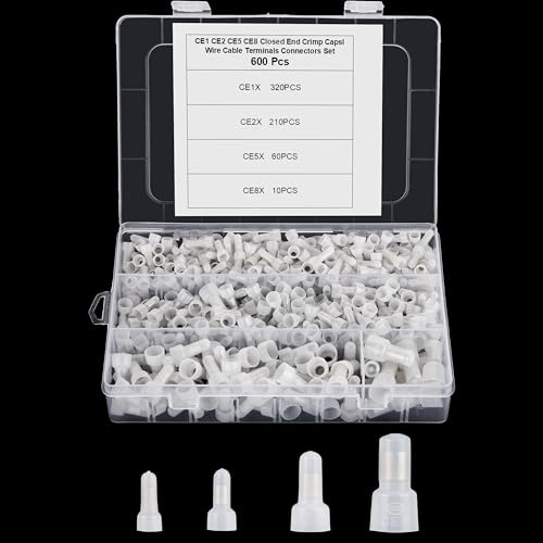 KOXXIAMOQ 600 Pcs Closed End Crimp Connectors, Power Cable Closed End Crimp Terminals, Wire Caps, Nylon Insulation Wire Crimp Terminals, Crimp Closed Wire Crimp Cap 22-16/16-14/12-10AWG