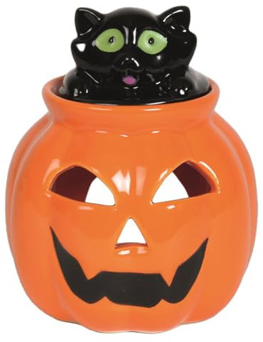 Horror-Shop Halloween Kürbis mit Katze Teelicht Lampe für Duftwachs & Öl 13cm