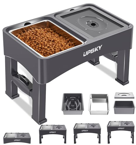 UPSKY 3-in-1 Erhöhte Hundenäpfe Slow Feeder Verstellbarer Ständer Kein Verschütten Wasserspender Edelstahl Futter & Wassernapf für Kleine Mittlere Hunde