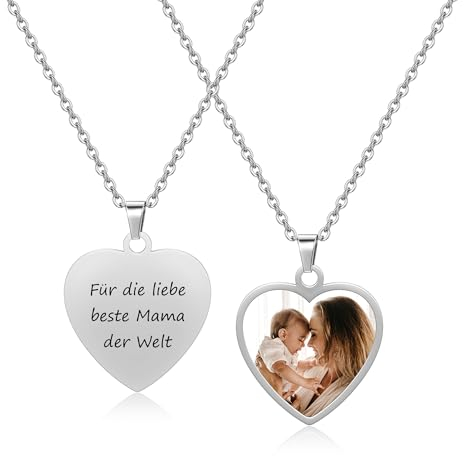 JSDDE Personalisiert Kette mit Fotogravur und Textgravur Kette mit Bild Wunschgravur Herz Anhänger Halskette Schmuck für Damen Herren