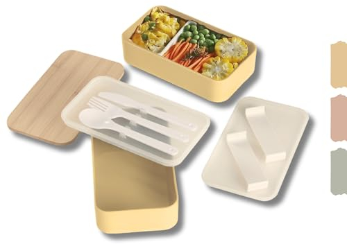 HAPPYCOSAS Bento Box Fiambrera - Fiambrera Compartimentos - Lunch Box con Cubiertos - 2 Pisos - Tupper para Llevar Comida al Trabajo - Amarillo