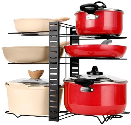 BELLE VOUS Organizador de Ollas y Sartenes - Soporte Ajustable de 8 Niveles para Orden de Alacena - Separador Vertical para Ordenar Cazuelas Platos Tapas y Menaje de Cocina
