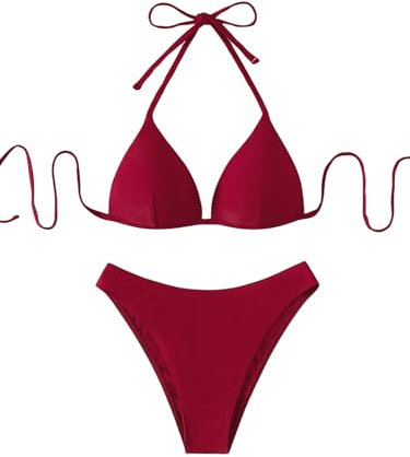 GORGLITTER Damen Push Up Bikini Sets Triangel Bademode Neckholder Swimsuit Zweiteiligwe Badeanzug Bordeaux M