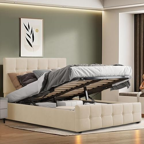 Blisswood Ottoman Storage Bed With Mattress Included, 4ft Small Double Bed Frame, Upholstered Gas Lift Up Bed Frame With Storage, Ottoman Storage Bed With Wooden Slats (4ft Small Double, Beige)