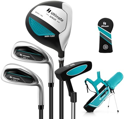 GYMAX Komplettes Golfschläger Set, Komplettsatz mit Golftasche & Regenhaube, inkl. 1 Driver, 7er-Eisen, S-Eisen & Putter, Golf Set für Kinder 8–10 Jahren(Blau)