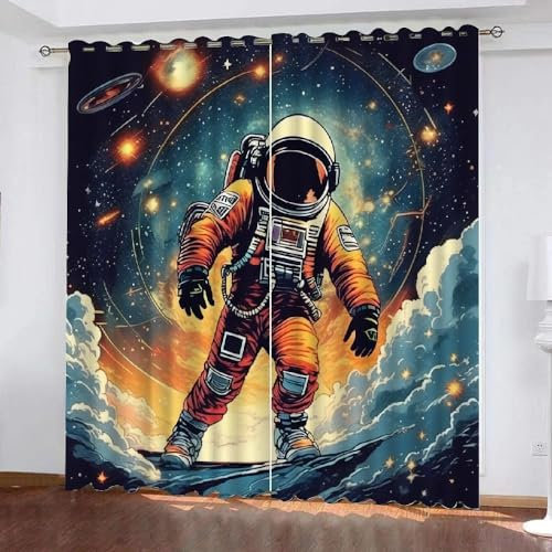 EXSANLIEAY Verdunklungsvorhänge Astronaut, Vorhang Blickdicht Mond Vorhänge mit öSen 2er Set für Schlafzimmer Kinderzimmer, Deko Gardinen Wohnzimmer - B117 x H137 cm