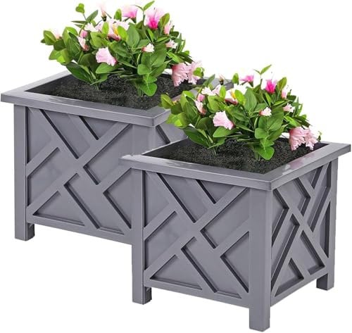 Greenfields 14.5 Inch Square Lattice Design Planter Box - Grey Plant Pot for Outdoor Flower, Herb or Plant Container - Classic Two Set Planter for Front Porch, Patio, Balconies, and Garden Decor