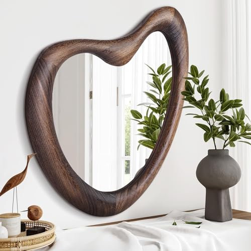 HLFMVWE Großer asymmetrischer Wandspiegel, Holz, rustikaler brauner gerahmter Wandspiegel, unregelmäßiger Wandspiegel für Wohnzimmer, Schlafzimmer, Eingangsbereich, Badezimmer, moderner dekorativer