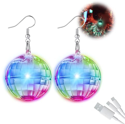 KBIBCK LED Ohrringe, Disco Ball Ohrringe, Licht Projektion LichtOhrringe, 16 verschiedene Farbmodi, Disco Ball Earrings für Wiederaufladbare, 60er 80er 70erJahre