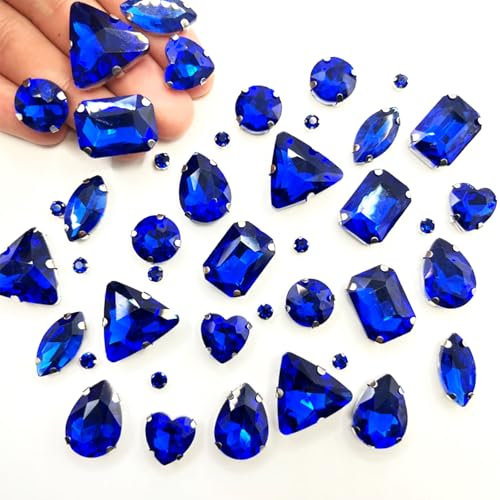 Yixinly 236 Stück Strasssteine zum Aufnähen Blau, 7 Formen von Strasssteinen Metall Krappenfassung Glas Nähen Edelsteinefür DIY-Bastelkleidung, Basteln, Schuhe, Nähen, Taschen (Dunkelblau)