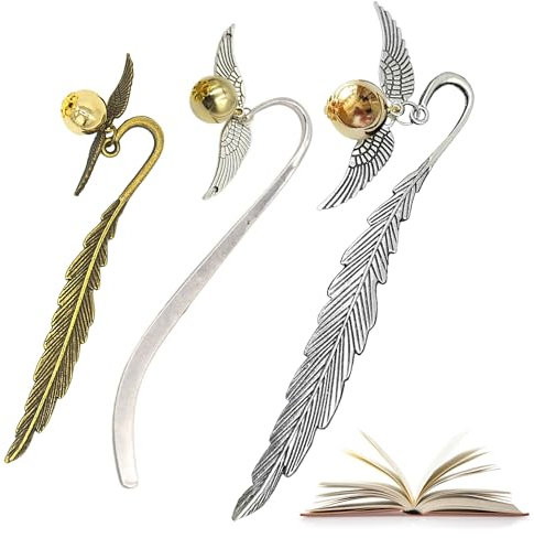 Harry Lesezeichen, 3 Stück Zauberfeder Lesezeichen, Goldener Schnatz Lesezeichen, Harry Lesezeichen Metall, Geschenke für Leseratten/Damen/Teenager/Mädchen (Silber+Gold)